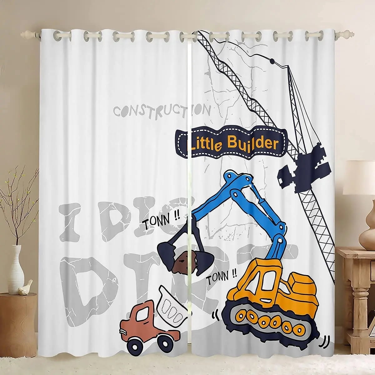 Kids Cartoon Truck Crane Excavator Boys Favourite truction Curtain ...