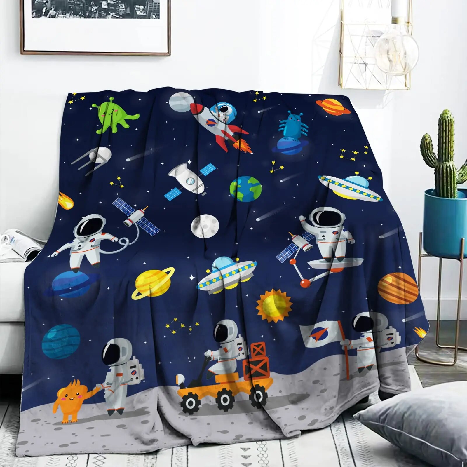 Kids Cartoon Universe Outer Space Throw Blanket Spacecraft Sun