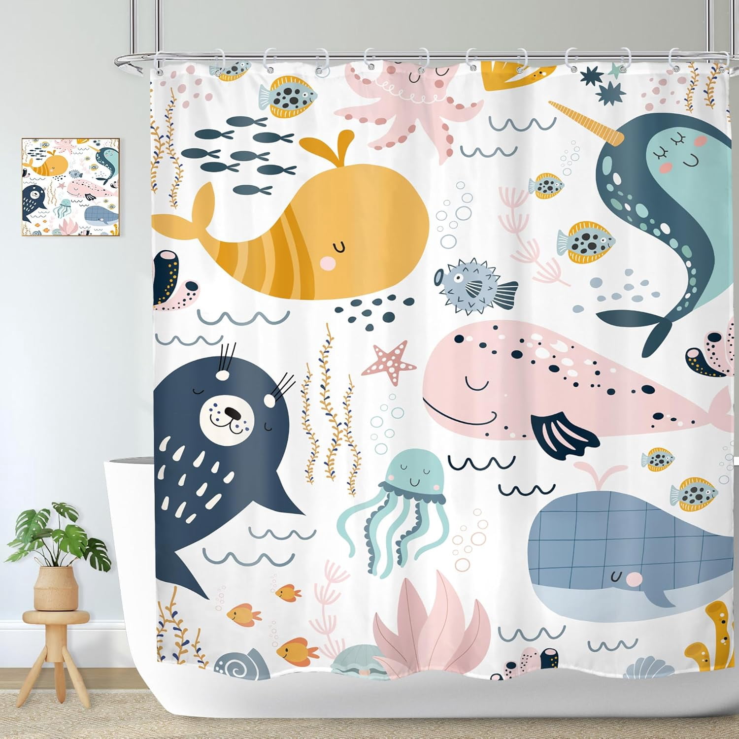 Kids Cartoon Whale Shower Curtain Bathroom Set 71Wx71H Inches Ocean ...