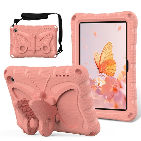Kids Case for All-New Fire 7 Tablet (12th Generation, 2022 Release) Latest Model, Cute Butterfly Design Soft EVA Rubber Kicksand Shoulder Strap Lightweight Kids Friendly Case for Girls Boys, Lightpink