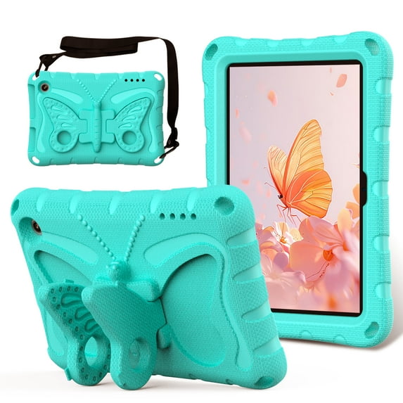 Kids Case for All-New Fire 7 Tablet (12th Generation, 2022 Release) Latest Model, Cute Butterfly Design Soft EVA Rubber Kicksand Shoulder Strap Lightweight Kids Friendly Case for Girls Boys, Mint