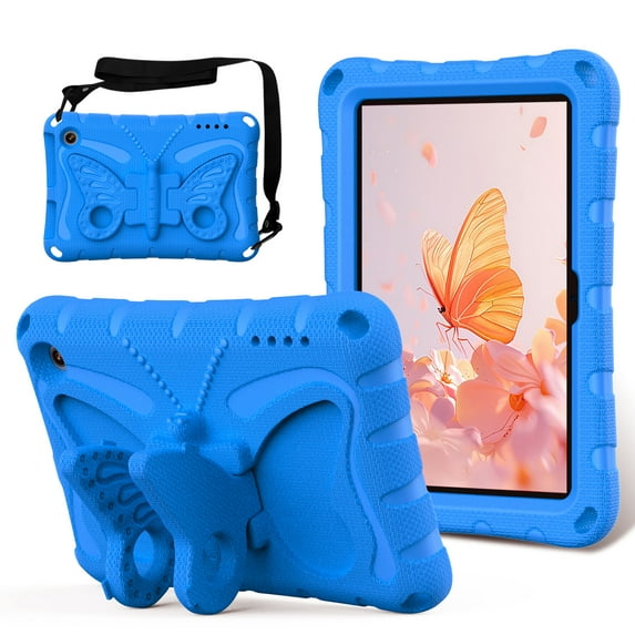Kids Case for All-New Fire 7 Tablet (12th Generation, 2022 Release) Latest Model, Cute Butterfly Design Soft EVA Rubber Kicksand Shoulder Strap Lightweight Kids Friendly Case for Girls Boys, Blue