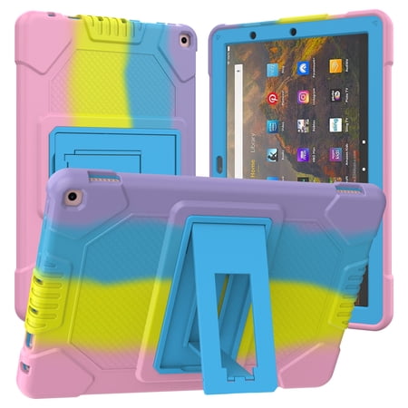 Kids Case for Amazon Fire 10 Pro/10 Plus/HD 10 Tablet(11th Generation, 2021 Release) - Heavy Duty Durable Shockproof Case with Foldable Kickstand Rugged Silicone EVA Cover, Rainbow Pink