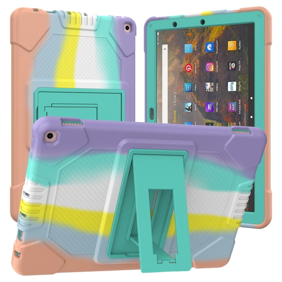 Kids Case for Amazon Fire 10 Pro/10 Plus/HD 10 Tablet(11th Generation, 2021 Release) - Heavy Duty Durable Shockproof Case with Foldable Kickstand Rugged Silicone EVA Cover,Rainbow Green