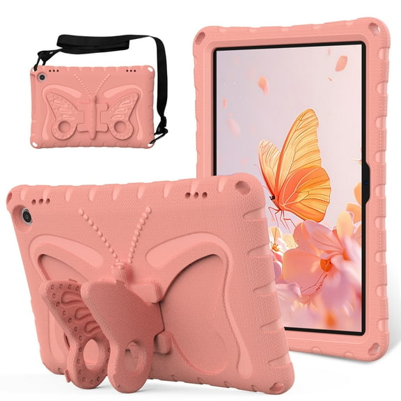 Kids Case for Amazon Fire HD 8 & 8 Plus Tablet Case (12th/10th Generation, 2024/2022/2020,Cute Butterfly Soft EVA Rubber Kicksand Shoulder Strap Lightweight Kids Friendly Case for Girls Boys,Lightpink