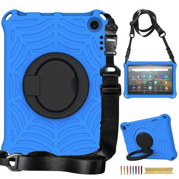 Kids Case for Amazon Kindle Fire HD 8/HD8 Plus 10th Generation 2020/2022 with Pencil Holder/Multi-Function Kickstand-Handle/Shoulder Strap, Protection Duty Shockproof Silicone Cover - Blue