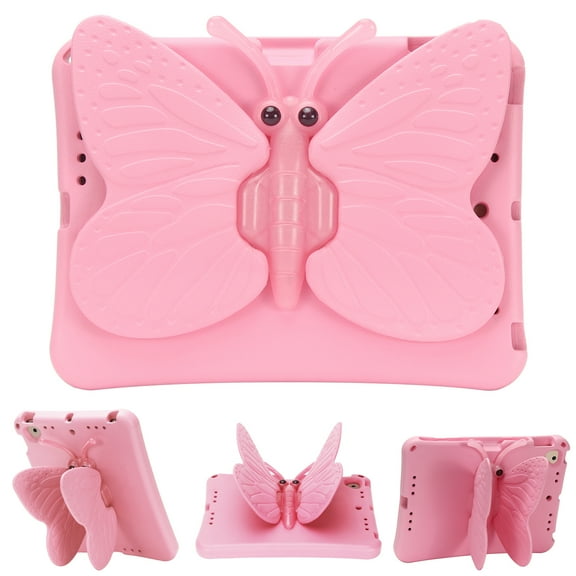 Kids Case for Apple iPad 9th 8th 7th Generation 2021/2020/2019 10.2 Inch, iPad Air 3rd Gen 10.5" Case, Cute Butterfly Rotating Stand Lightweight Kids Friendly Shockproof Case with Pencil Holder,Pink