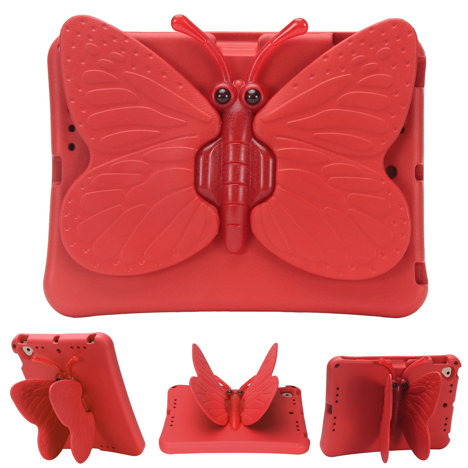 Kids Case for Apple iPad 9th 8th 7th Generation 2021/2020/2019 10.2 Inch, iPad Air 3rd Gen 10.5" Case, Cute Butterfly Rotating Stand Lightweight Kids Friendly Shockproof Case with Pencil Holder,Red