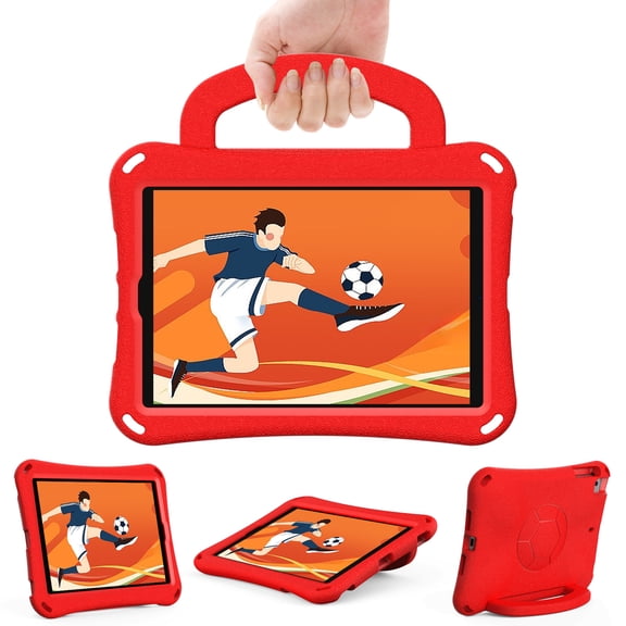 Kids Case for Apple iPad Pro 11" & iPad Air 5th/4th Generation 10.9" - Durable Shockproof EVA Plastic Hard Case with Sturdy Stand / Portable Handle, Lightweight Kid-Friendly Cute Football Cover (Red)