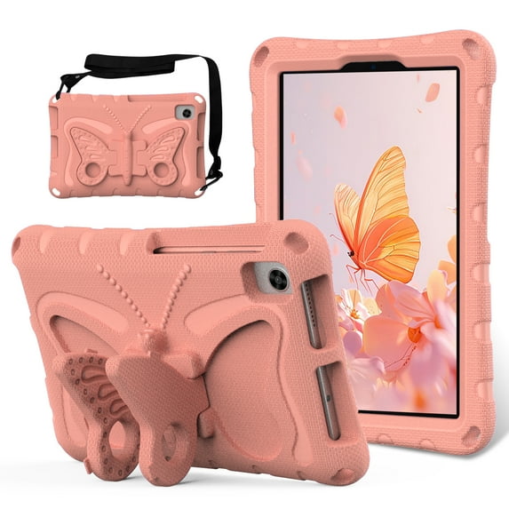 Kids Case for Lenovo Tab M9 TB-310FU 2023 9 Inch, Cute Butterfly Design Soft EVA Rubber Kicksand Shoulder Strap Lightweight Kids Friendly Case for Girls Boys Children, Lightpink
