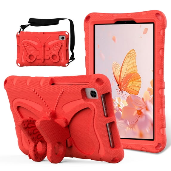Kids Case for Lenovo Tab M9 TB-310FU 2023 9 Inch, Cute Butterfly Design Soft EVA Rubber Kicksand Shoulder Strap Lightweight Kids Friendly Case for Girls Boys Children, Red
