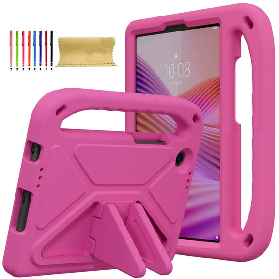 Kids Case for Lenovo Tab One/Tab K9 2025 (TB-305FU) 8.7 Inch, Heavy Duty Shockproof Silicone Kids Friendly Kickstand Cover with Handle Grip & Stylus Holder, Rose