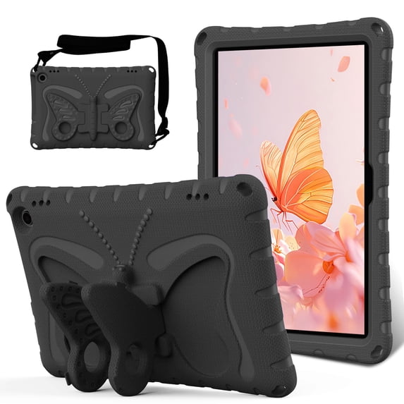 Kids Case for All New Amazon Fire HD 10 Tablet 13th Generation 2023 Release 10.1", Cute Butterfly Design Soft EVA Rubber Kicksand Shoulder Strap Lightweight Kids Friendly Case for Girls Boys, Black