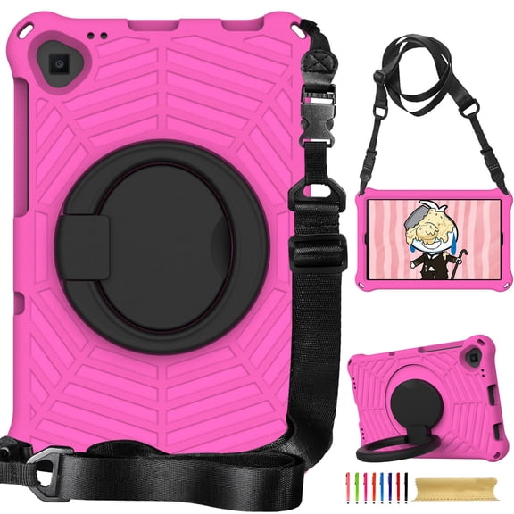 Kids Case for Samsung Galaxy Tab A 10.1 2019 SM-T515/SM-T510 with Pencil Holder/Multi-Function Kickstand-Handle/Shoulder Strap, Protection Duty Shockproof Silicone Cover - Rose
