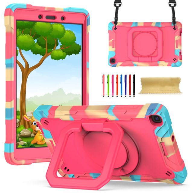 Kids Case for Samsung Galaxy Tab A 8.0 inch 2019 Tablet SM-T290/T295, Dteck 360 Degree Swivel Handle Grip Stand Heavy Duty Rugged Shockproof Case with Carrying Shoulder Strap, Colorful Rose