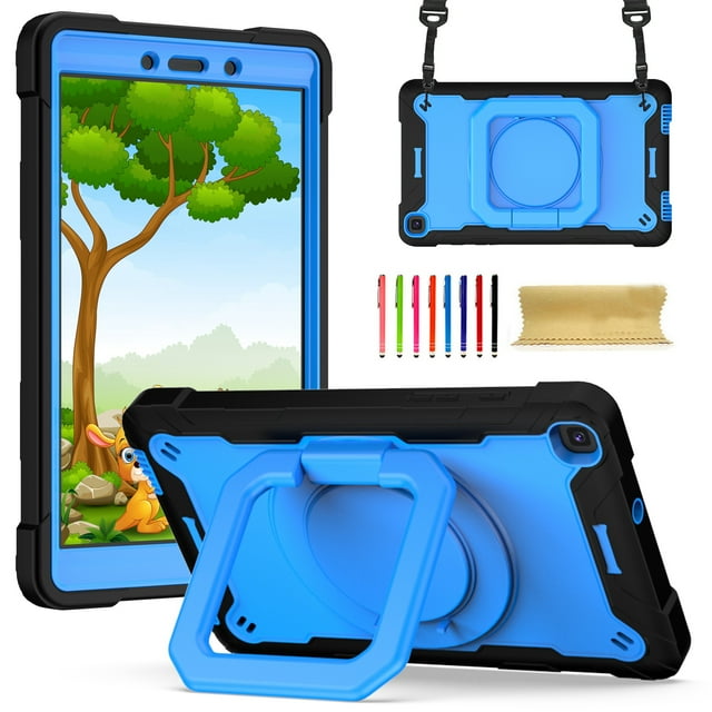 Kids Case for Samsung Galaxy Tab A 8.0 inch 2019 Tablet SM-T290/T295, Dteck 360 Degree Swivel Handle Grip Stand Heavy Duty Rugged Shockproof Case with Carrying Shoulder Strap, Black/Blue