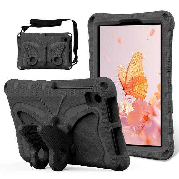 Kids Case for Samsung Galaxy Tab A7 10.4" SM-T500 T505 T507 2020, Cute Butterfly Design Soft EVA Rubber Kicksand Shoulder Strap Lightweight Kids Friendly Case for Girls Boys Children, Black