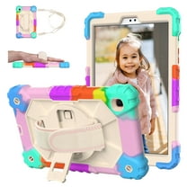 Kids Case for Samsung Galaxy Tab A7 Lite 8.7 inch 2021 Release, Allytech 360 Degree Swivel Stand Heavy Duty Rugged Shockproof Case with Hand/Shoulder Strap Case for SM-T220/T225, Colorful Beige