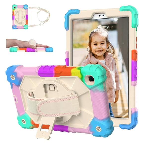 Kids Case for Samsung Galaxy Tab A7 Lite 8.7 inch 2021 Release, Allytech 360 Degree Swivel Stand Heavy Duty Rugged Shockproof Case with Hand/Shoulder Strap Case for SM-T220/T225, Colorful Beige