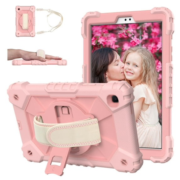 Kids Case for Samsung Galaxy Tab A7 Lite 8.7 inch 2021 Release, Allytech 360 Degree Swivel Stand Heavy Duty Rugged Shockproof Case with Hand/Shoulder Strap Case for SM-T220/T225, Rosegold