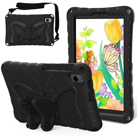 For Samsung Galaxy Tab A9+ Plus Butterfly Design 11 Inch Kids Case Tablet Case with Shoulder Strap, Black