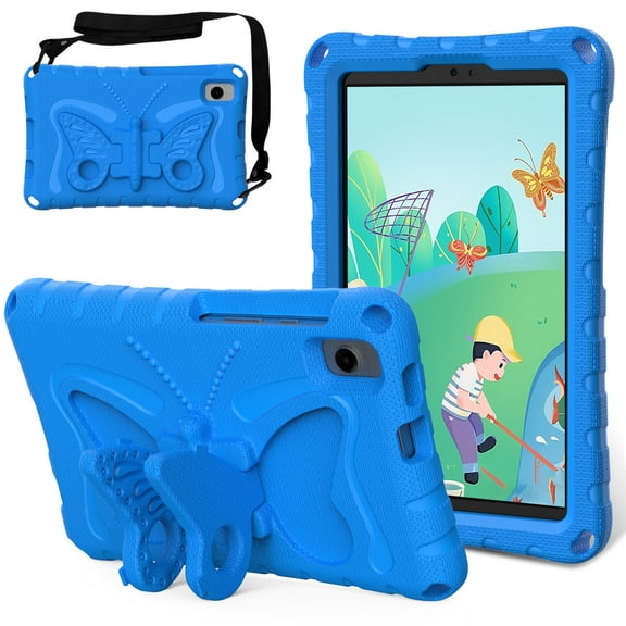 Kids Case for Samsung Galaxy Tab A9+ Plus 11 Inch SM-X210 X216 X218, Cute Butterfly Design Soft EVA Rubber Kicksand Shoulder Strap Lightweight Kids Friendly Washable Case for Girls Boys, Lightblue