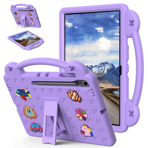 Kids Case for Samsung Galaxy Tab S10 FE Plus 13.1 Inch 2025 Tablet Case with Handle & Stand, EVA Foam DIY Cartoon Cute Pattern with Pencil Holder Shockproof Protective Cover, Lightpurple