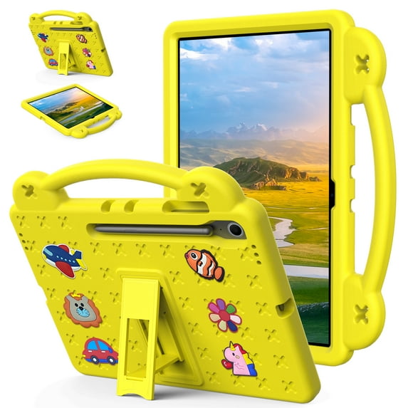 Kids Case for Samsung Galaxy Tab S10 FE Plus 13.1 Inch 2025 Tablet Case with Handle & Stand, EVA Foam DIY Cartoon Cute Pattern with Pencil Holder Shockproof Protective Cover, Yellow