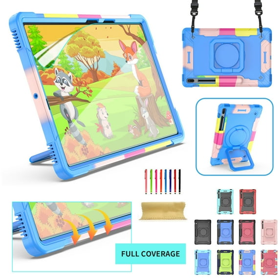 Kids Case for Samsung Galaxy Tab S8 Plus 2022/S7 FE 2021/S7 Plus 2020 12.4 inch Tablet with Screen Protector Film, Dteck 360 Degree Swivel Handle Grip Stand Rugged Shockproof Case,Colorful Blue