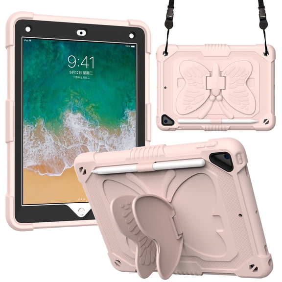 Kids Case for iPad 9.7 2018/2017, Heavy Duty Hybrid Rugged Stand Protective Shockproof Cover with Shoulder Strap, Pink