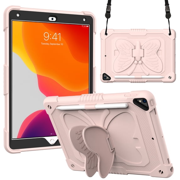 Kids Case for iPad mini 6th Generation, Heavy Duty Hybrid Rugged Stand Protective Shockproof Cover with Shoulder Strap, Pink
