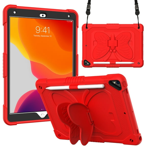 Kids Case for iPad mini 6th Generation, Heavy Duty Hybrid Rugged Stand Protective Shockproof Cover with Shoulder Strap, Red