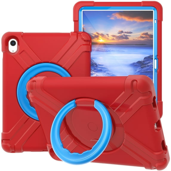 Kids Case for iPad 10th Gen 10.9 inch 2022, Ring Multi-Functional Grip Stand Shockproof Full-Body Rugged Protective Hybrid Case Cover for iPad 10th Generation,Red + Blue