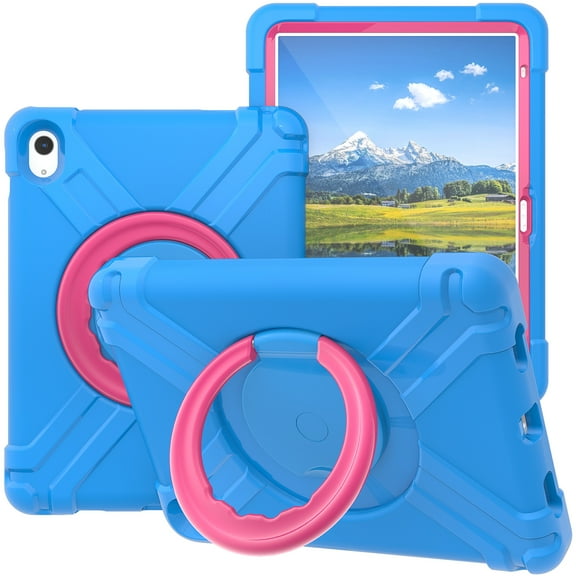 Kids Case for iPad 10th Gen 10.9 inch 2022, Ring Multi-Functional Grip Stand Shockproof Full-Body Rugged Protective Hybrid Case Cover for iPad 10th Generation,Blue + Rose