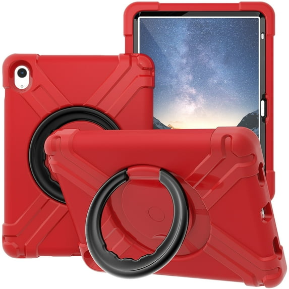 Kids Case for iPad 10th Gen 10.9 inch 2022, Ring Multi-Functional Grip Stand Shockproof Full-Body Rugged Protective Hybrid Case Cover for iPad 10th Generation,Red + Black