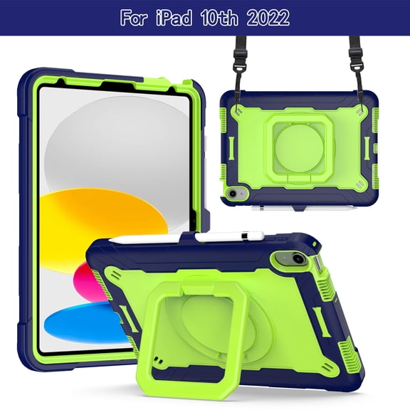 Kids Case for iPad 10th Generation 10.9-inch 2022,TECH CIRCLE Heavy Duty Hybrid Shockproof 360 Rotating Stand Anti Scratch Cover Drop-Proof Protection Case with Hand Shoulder Strap Case,Navy/Olivine