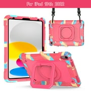 Kids Case for iPad 10th Generation 10.9-inch 2022,TECH CIRCLE Heavy Duty Hybrid Shockproof 360 Rotating Stand Anti Scratch Cover Drop-Proof Protection Case with Hand Shoulder Strap Case,Rose/Colorful