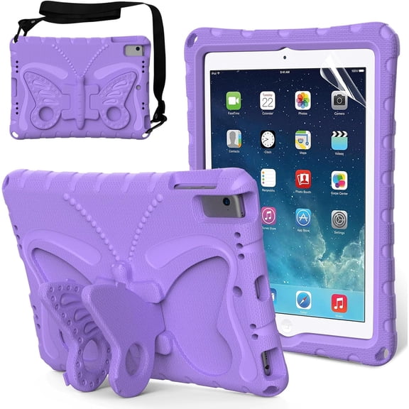 Kids Case for iPad 6th 5th Gen 2018 2017/iPad Pro 9.7/iPad Air 9.7-inch - Screen Protector Included - Butterfly Kickstand - Child Friendly EVA Foam Shockproof Cover Case with Shoulder Strap, Lavender
