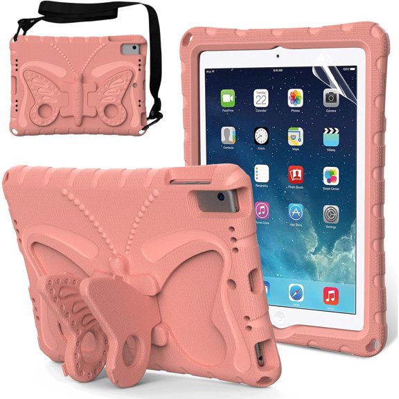 Kids Case for iPad 6th 5th Gen 2018 2017/iPad Pro 9.7/iPad Air 9.7-inch - Screen Protector Included - Butterfly Kickstand - Child Friendly EVA Foam Shockproof Cover Case with Shoulder Strap,