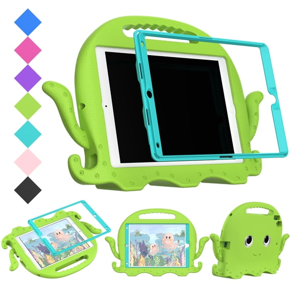 Kids Case for iPad 9.7 Inch 5th/6th Gen 2018/2017, Durable Shockproof Protective Cover with Handle Stand PET Screen Protector Shoulder Strap Pencil Holder Case,Also Fit iPad Pro 9.7/Air 2/Air,Green