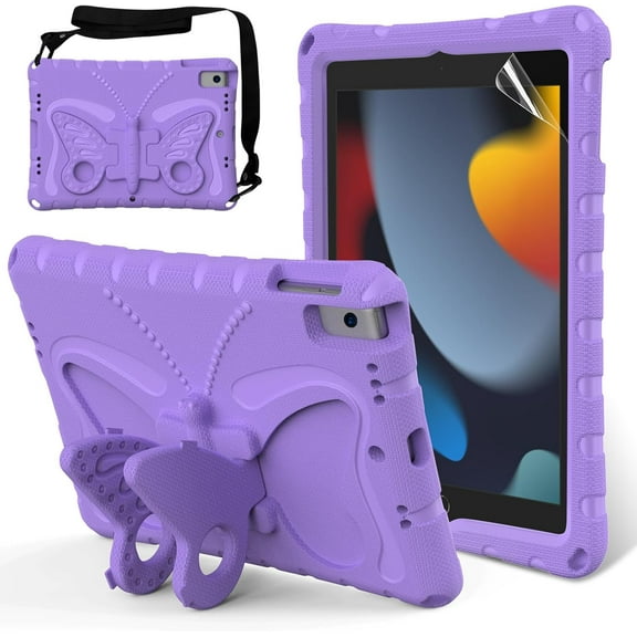 Kids Case for iPad 9th 8th 7th Gen/iPad Pro 10.5/iPad Air 3rd Gen - Screen Protector Included - Butterfly Kickstand - Child Friendly EVA Foam Shockproof Cover Case with Shoulder Strap,