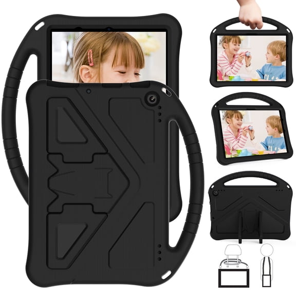 Kids Case for iPad 9th/ 8th/ 7th Generation 10.2 inch (2021/2020/2019),Built-in Kickstand, Rugged Durable Shockproof Lightweight Handle Protective Silicone+Hard PC Protection Case, Black
