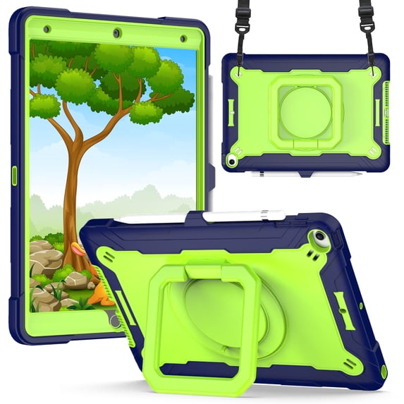 Kids Case for iPad 9th/ 8th/ 7th Generation 2021 2022 2019,TECH CIRCLE Heavy Duty Hybrid Shockproof 360 Rotating Stand Anti Scratch Drop-Proof Protection Case with Hand Shoulder Strap,Navy+Green