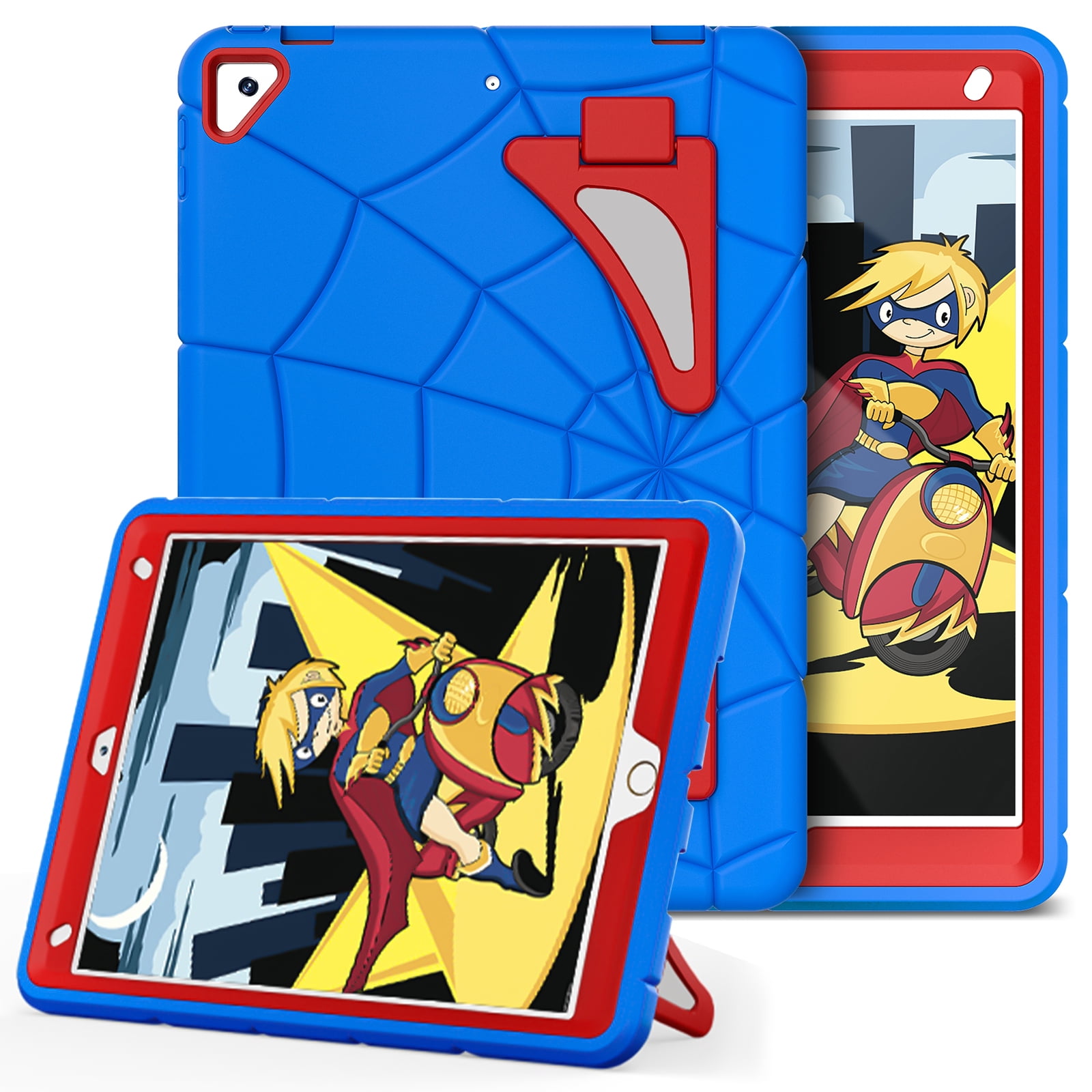 Kids Case for iPad 9th/8th/7th Generation with Pencil Holder, Lightweight Shockproof Stand Anti-Slip Rugged Silicone PC Case Cover for iPad 10.2" 2021/2020/2019 for Boys Girls, Blue+Red