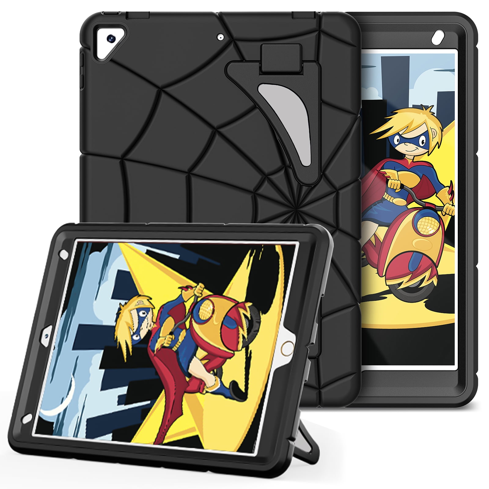 Kids Case for iPad 9th/8th/7th Generation with Pencil Holder, Lightweight Shockproof Stand Anti-Slip Rugged Silicone PC Case Cover for iPad 10.2" 2021/2020/2019 for Boys Girls, Black