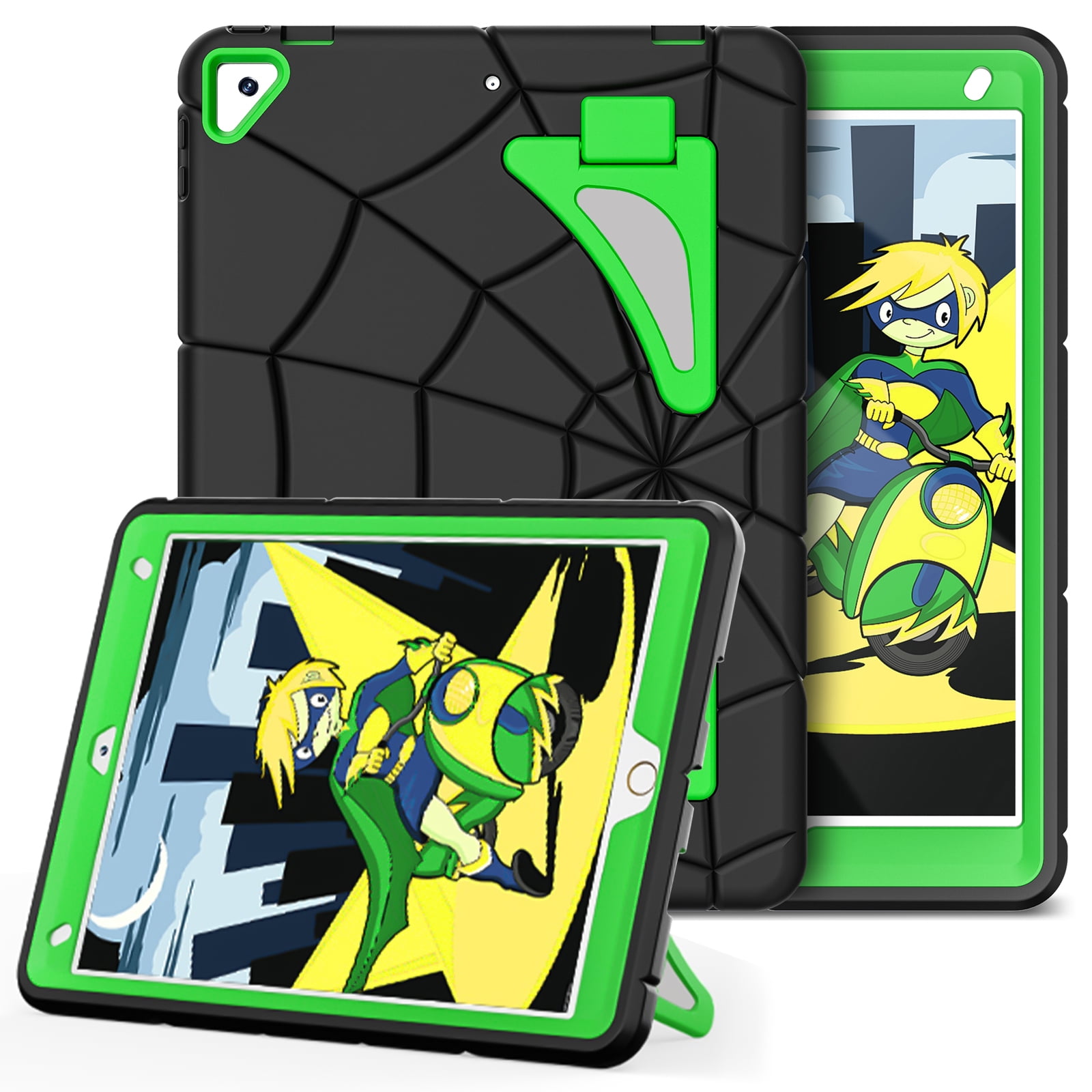 Kids Case for iPad 9th/8th/7th Generation with Pencil Holder, Lightweight Shockproof Stand Anti-Slip Rugged Silicone PC Case Cover for iPad 10.2" 2021/2020/2019 for Boys Girls, Black+Green