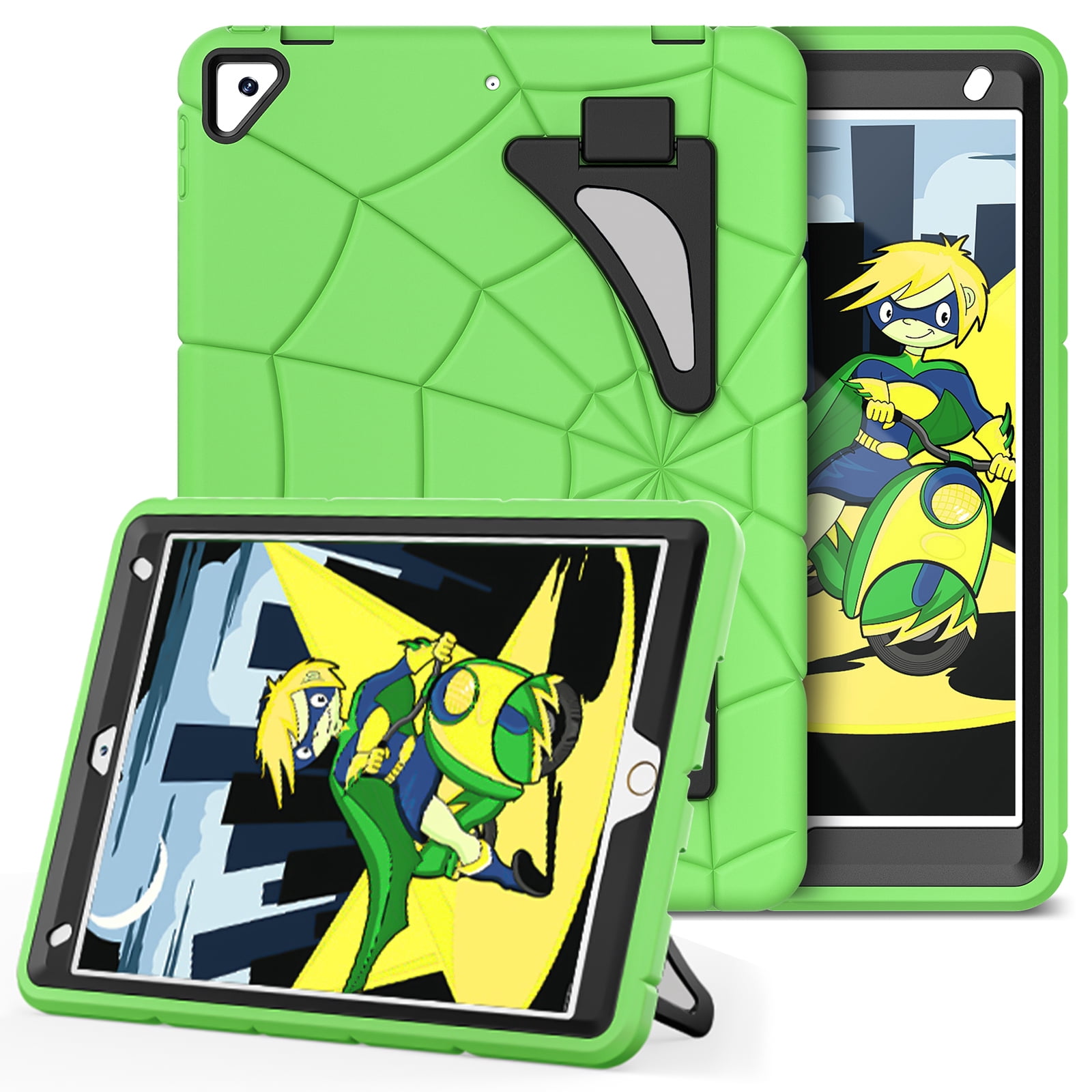 Kids Case for iPad 9th/8th/7th Generation with Pencil Holder, Lightweight Shockproof Stand Anti-Slip Rugged Silicone PC Case Cover for iPad 10.2" 2021/2020/2019 for Boys Girls, Green+Black