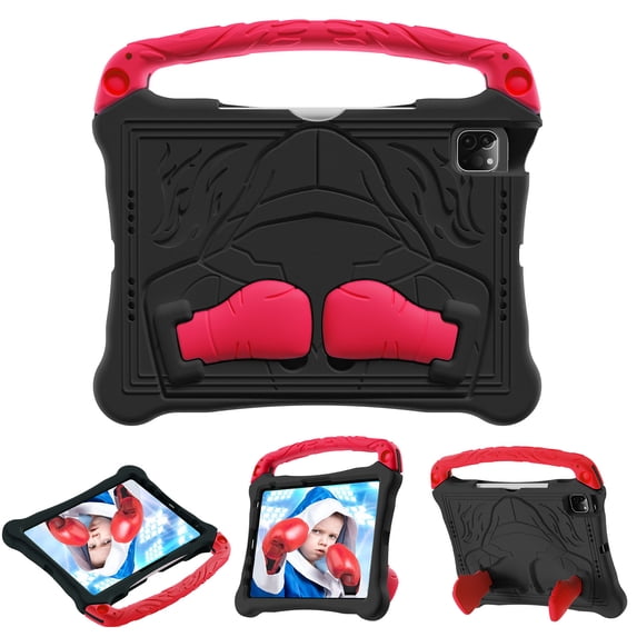 Kids Case For iPad 9th/8th/7th Generation – Soft TPU Military Grade Shockproof Boxing Design Kickstand Cover with Portable Handle & Shoulder Strap - Black