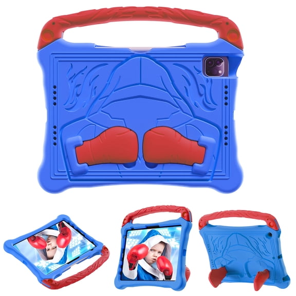 Kids Case For iPad 9th/8th/7th Generation – Soft TPU Military Grade Shockproof Boxing Design Kickstand Cover with Portable Handle & Shoulder Strap - Blue