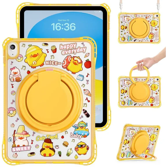 Kids Case for iPad A16 11th Generation 11 inch 2025 / iPad 10th Generation 10.9 inch 2022 with Rotating Kickstand Hand/Shoulder Strap, Cartoon Shockproof Tranparent Back Cover